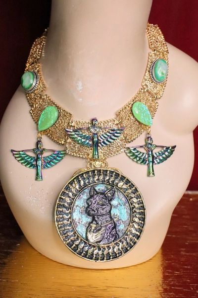 SOLD! 5470 Egyptian Revival Hand Painted Bastet Genuine Azurite Iridescent 3D Effect Statement Huge Necklace