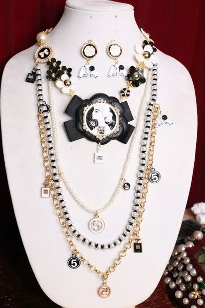 SOLD! 5483 Set Of Madam Coco White Portrait Camellias Long Necklace+ Earrings