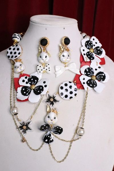 SOLD! 5485 Set Of Polka Dot Trendy Massive Flowers Enamel Bunny Necklace+ Earrings