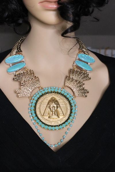 SOLD! 5486 Egyptian Revival Genuine Triplet Opal Pharaoh Iridescent 3D Effect Statement Huge Necklace