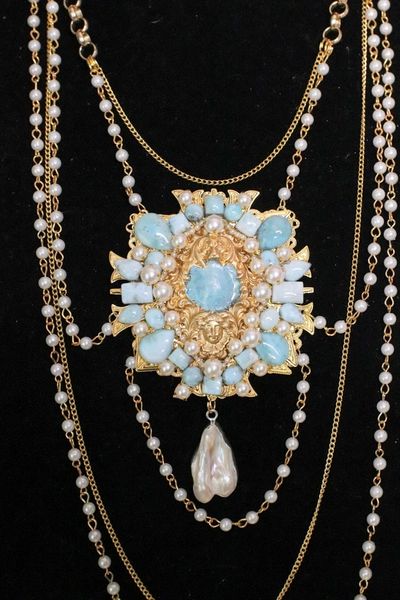 SOLD! 5509 Genuine Caribbean Larimar Victorian Pearl Huge Pendant Necklace