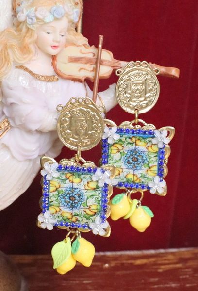 SOLD! 5521 Baroque Sicilian Tile Lemon Fruit Coin Earrings