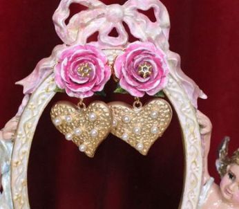 SOLD! 5518 Runway Baroque Hand Painted Rose Pearl Heart Earrings