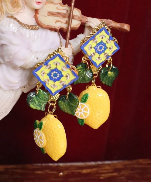 SOLD! 5523 Baroque Enamel Sicilian Tile Lemon Fruit Elegant Earrings