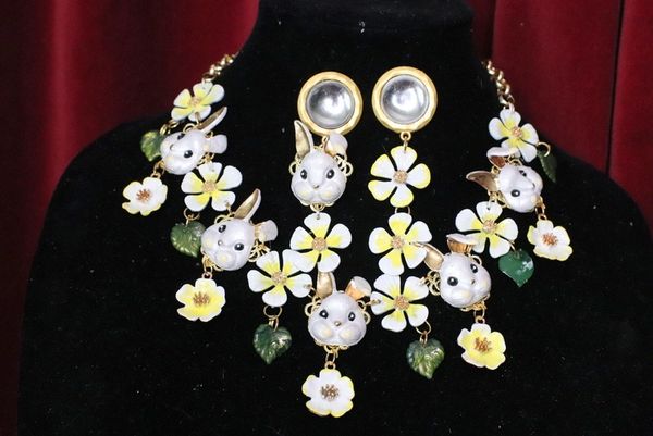 SOLD! 5525 Set Of Baroque Hand Painted Bunnies Flowers Necklace+ Earrings