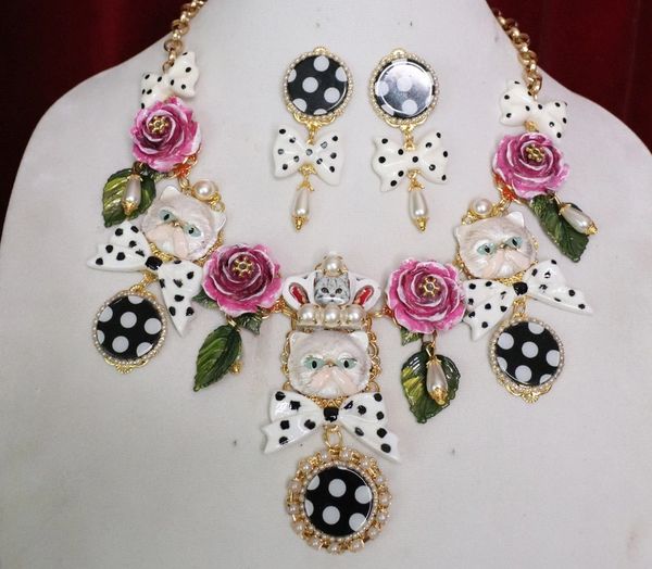 SOLD! 5529 Set Of Hand Painted Polka Dot Bow Baroque Enamel Cats Roses Necklace+ Earrings