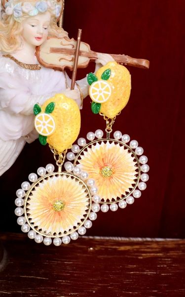 SOLD! 5539 Runway Baroque Hand Painted Sicilian Lemon Fruit Round Pearl Earrings