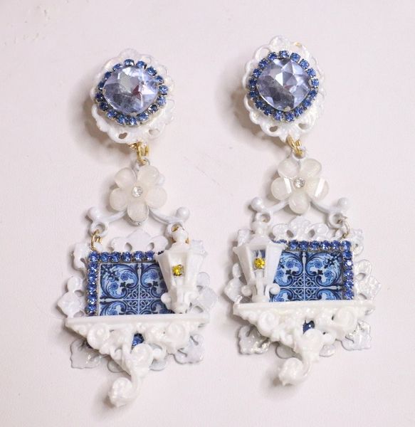5541 Baroque Porcelain Tile Print White Blue Rhinestone Earrings