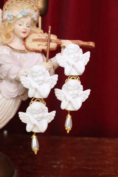 SOLD! 5542 Baroque Double White Cherubs Angels Earrings