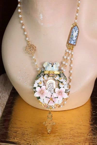 SOLD! 5544 St. Guadalupe Virgin Mary Pale Pink Orchids Doves Massive Pendant Necklace