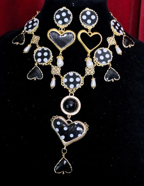 SOLD! 5545 Set Of Polka Dot Black Hearts Queen Of Hearts Necklace+ Earrings