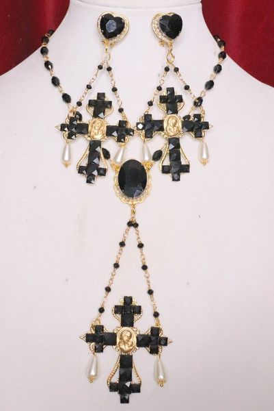 SOLD! 5550 Baroque Runway Black Cross Madonna Virgin Mary Pendant Necklace