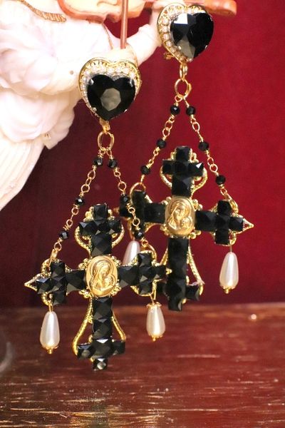 SOLD! 5551 Baroque Black Cross Madonna Coin Pearl Studs Earrings