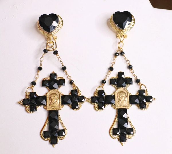 SOLD! 5552 Baroque Black Cross Madonna Coin Studs Earrings