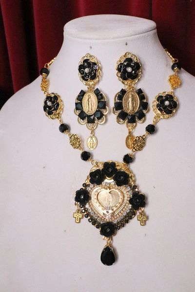 SOLD! 5567 Baroque Virgin Mary Madonna Black Roses Elegant Pendant Necklace