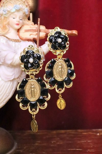 SOLD! 5568 Madonna Virgin Mary Light Weight Black Tile Studs Earrings