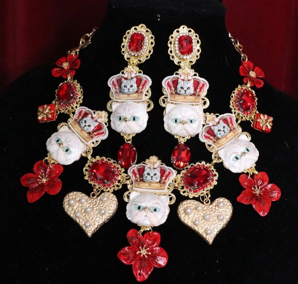 SOLD! 5571 Baroque Enamel Cats Crown Hearts Roses Necklace