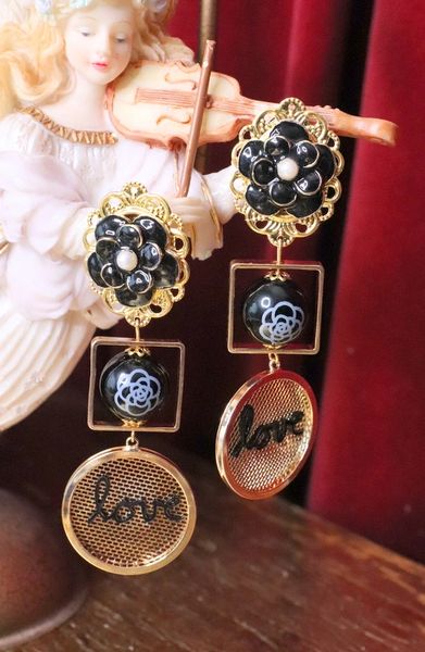 SOLD! 5582 Madam Coco Camellia Black Pearl Love Earrings Studs