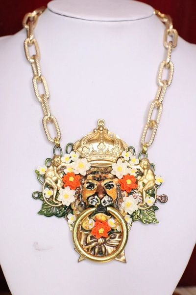 SOLD! 5585 Hand Painted Vivid Lion Crown Huge Pendant Necklace