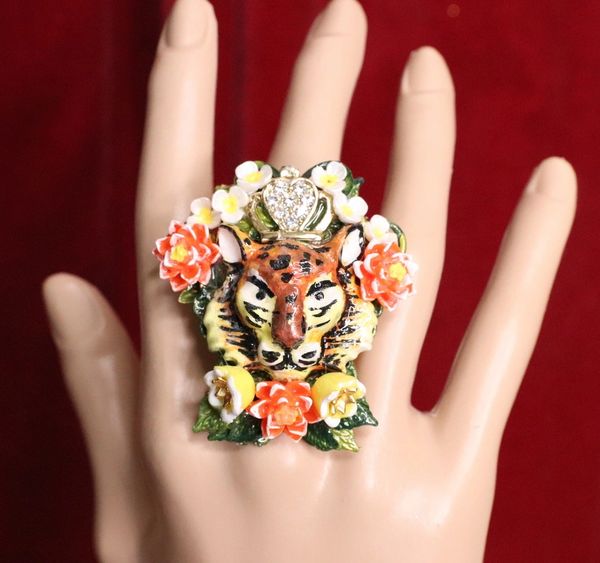 SOLD! 5587 Enamel Hand Painted Vivid Tiger Cocktail Adjustable Ring