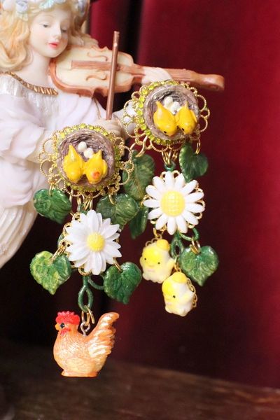 SOLD! 5589 Hand Painted Irregular Chicks Rooster Daisy Statement Earrings