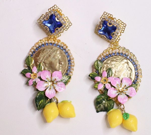 SOLD! 5612 Roman Coin Flower Blossom Blue Rhinestone Lemons Statement Earrings