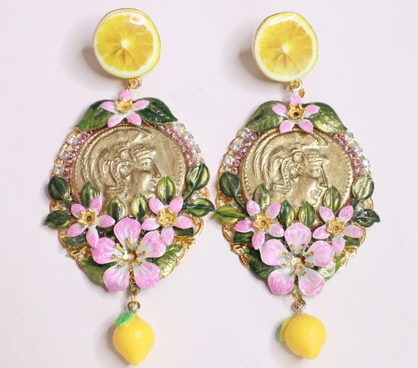 SOLD! 5613 Roman Coin Flower Blossom Lemons Statement Earrings