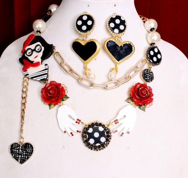 SOLD! 5614 Set Of Pop Art Polka Dot Acrylic Hands Roses Irregular Necklace+ Earrings