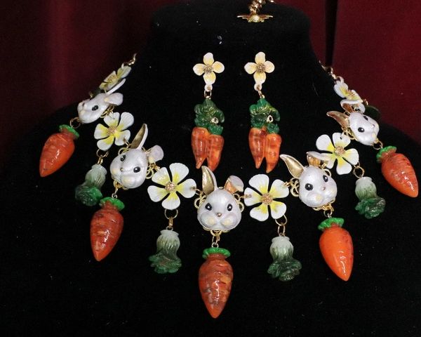 SOLD! 5631 Set Of Enamel Bunny Flowers Carrots Necklace+ Earrings