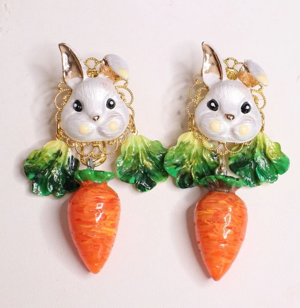 SOLD! 5633 Adorable Enamel Bunny Rabbit Carrot Cabbage Hand Painted Earrings
