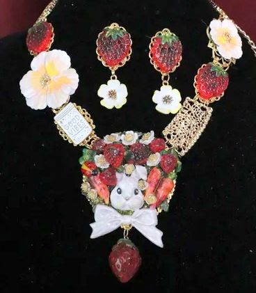 SOLD! 5636 Set Of Enamel Bunny Flowers Carrots Strawberry Necklace Pendant+ Earrings