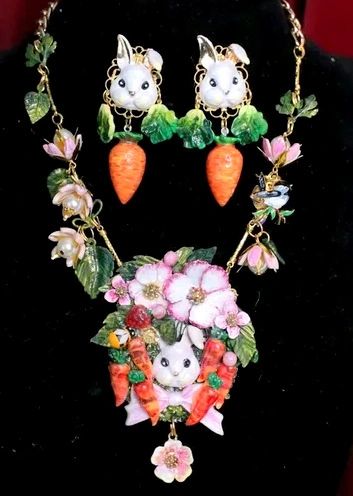 SOLD! 5635 Enamel Bunny Flowers Carrots Necklace Pendant