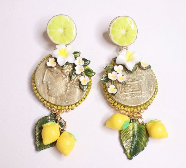 SOLD! 5646 Roman Coin Lemon Fruit Massive Statement Earrings