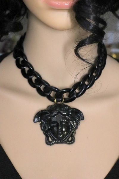 SOLD! 5651 Runway Set Of Baroque Black Medusa Head Necklace+ Earrings