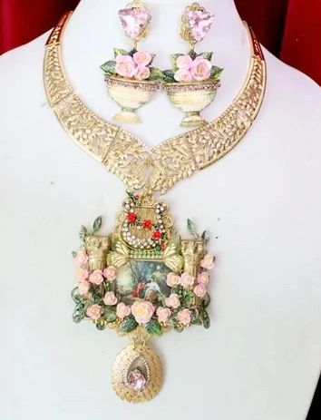 SOLD! 5678 Set Of Versales Rococo Paintings Versailles Lovers In a Rose Garden Harp Unique Hand Painted Massive Statement Necklace+ Earrings