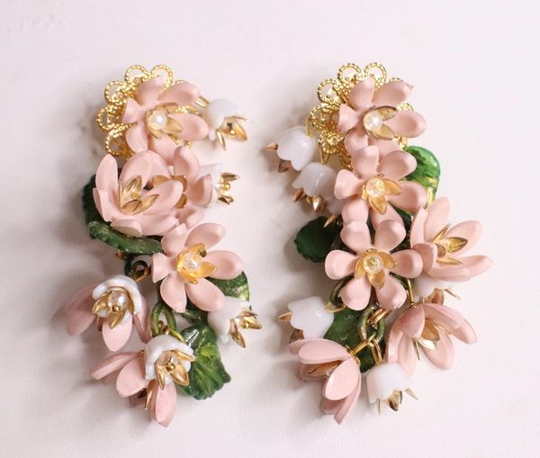 SOLD! 5680 Pale Pink Dangle Flowers Massive Statement Earrings