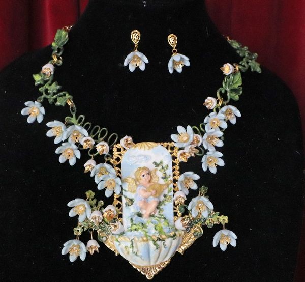 SOLD! 5683 Set Of Rococo Cherub Fontain Lily Of The Valley Unique Hand Painted Massive Statement Necklace+ Earrings