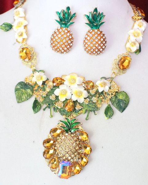 SOLD! 5686 Set Of Baroque Crystal Pineapple Flower Blossom Hand Painted Huge Necklace+ Earrings