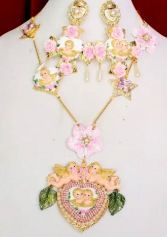 SOLD! 5712 Baroque Hand Painted Cherubs Heart Massive Pendant Necklace