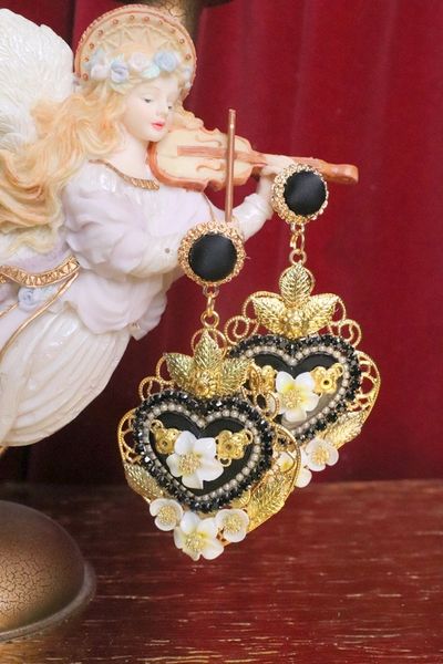 SOLD! 5719 Baroque Black Hearts Massive Statement Earrings