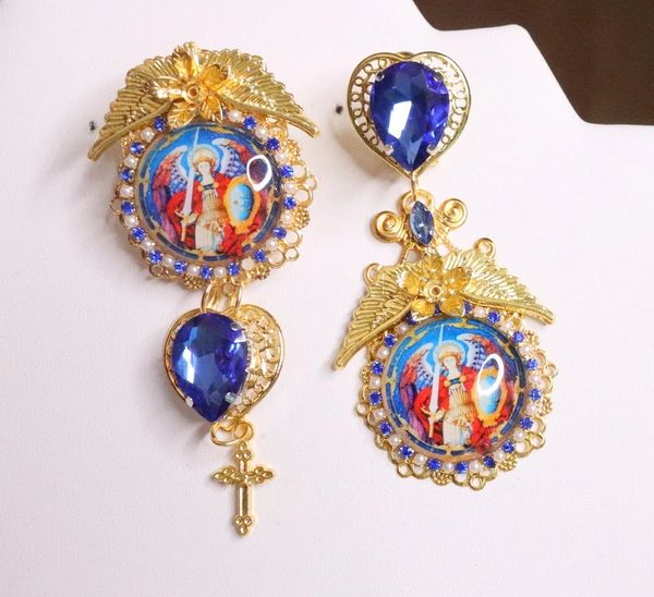SOLD! 5733 Saint Michael Irregular Cameo Colorful Statement Earrings