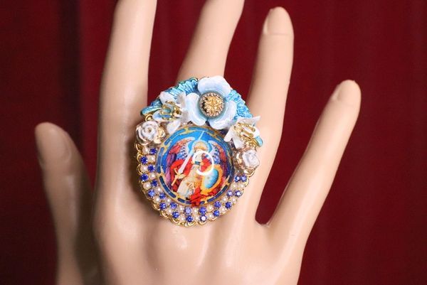 SOLD! 5734 Saint Michael Colorful Cameo Cocktail Adjustable Ring