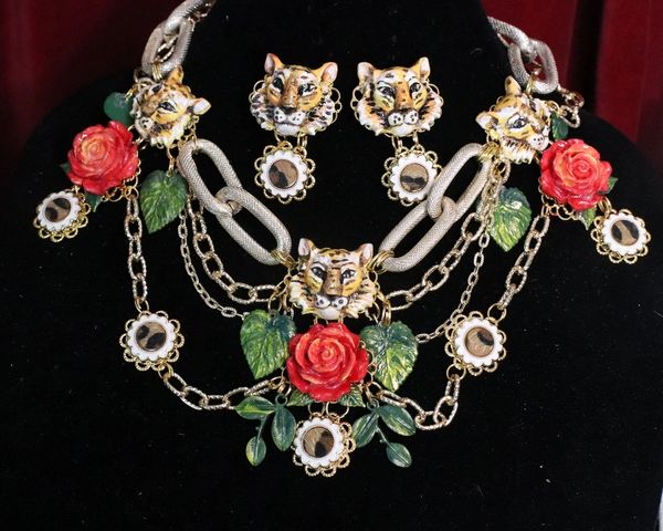 SOLD! 5736 Set Of Hand Painted Baroque Tigers Massive Necklace+ Earrings