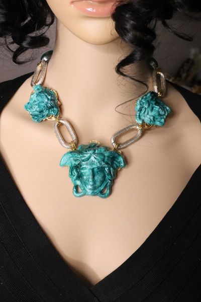 SOLD! 5737 Malachite Effect Medusa Head Chained Statement Necklace