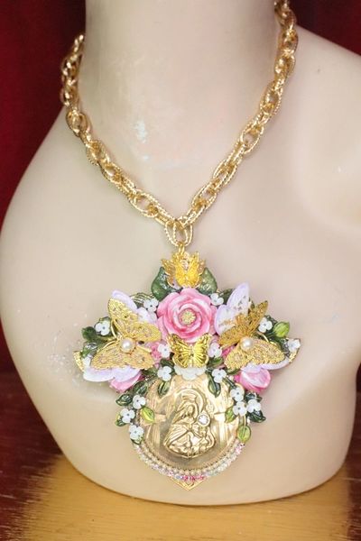 SOLD! 5744 Virgin Mary Madonna Massive Gold Round Butterfly Elegant Pendant Necklace