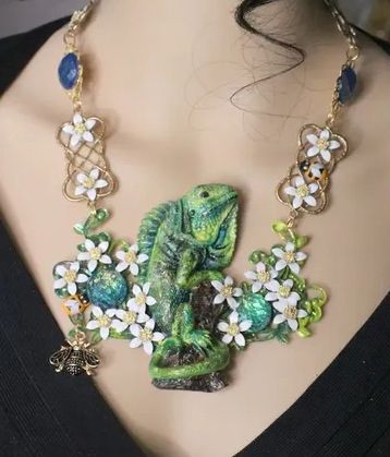 SOLD! 5745 Set Of Genuine Solar Quartz San Sitara Hand Painted Vivid Iguana Necklace+ Earrings