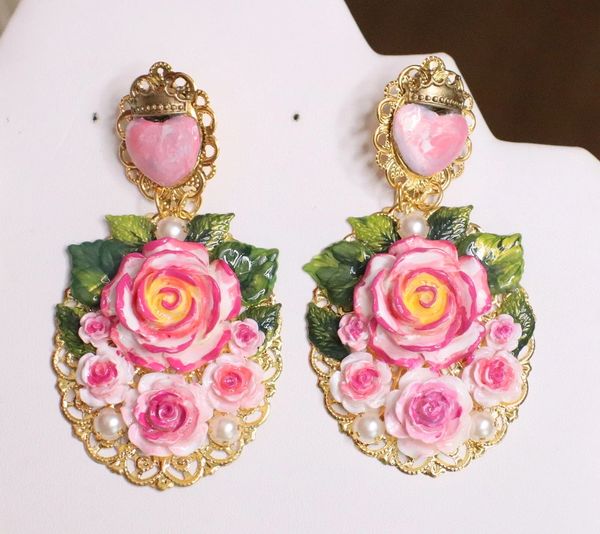 5765 Baroque HAnd Painted Roses Scared Heart Statement Earrings