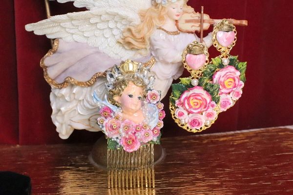 SOLD! 5766 Baroque Cherub Angel Hand Painted Roses Hair Comb