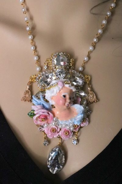 SOLD! 5767 Baroque Hand Painted Cherub Angel Roses Crystal Necklace+ Earrings