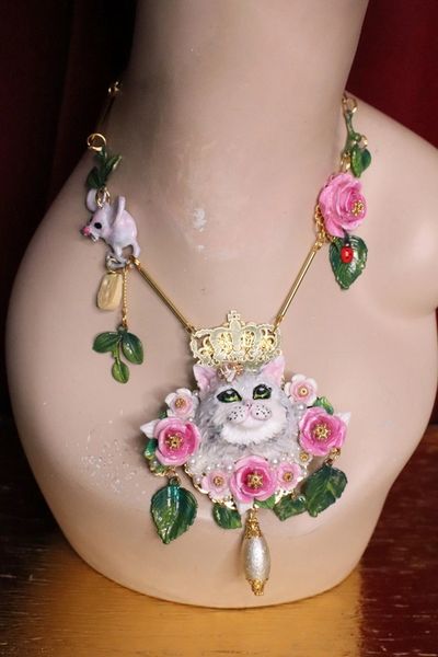 SOLD! 5768 Baroque Hand Painted Adorable Lady-cat Mouse Necklace